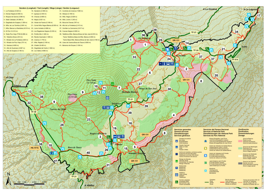 Mapa de senderos y miradores del Parque Nacional del Teide